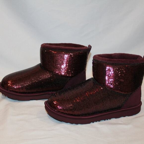 NIB UGG YOUTH SEQUIN MINI SHEARLING LINED BOOTS BURGUNDY PORT‎ - Picture 3 of 7
